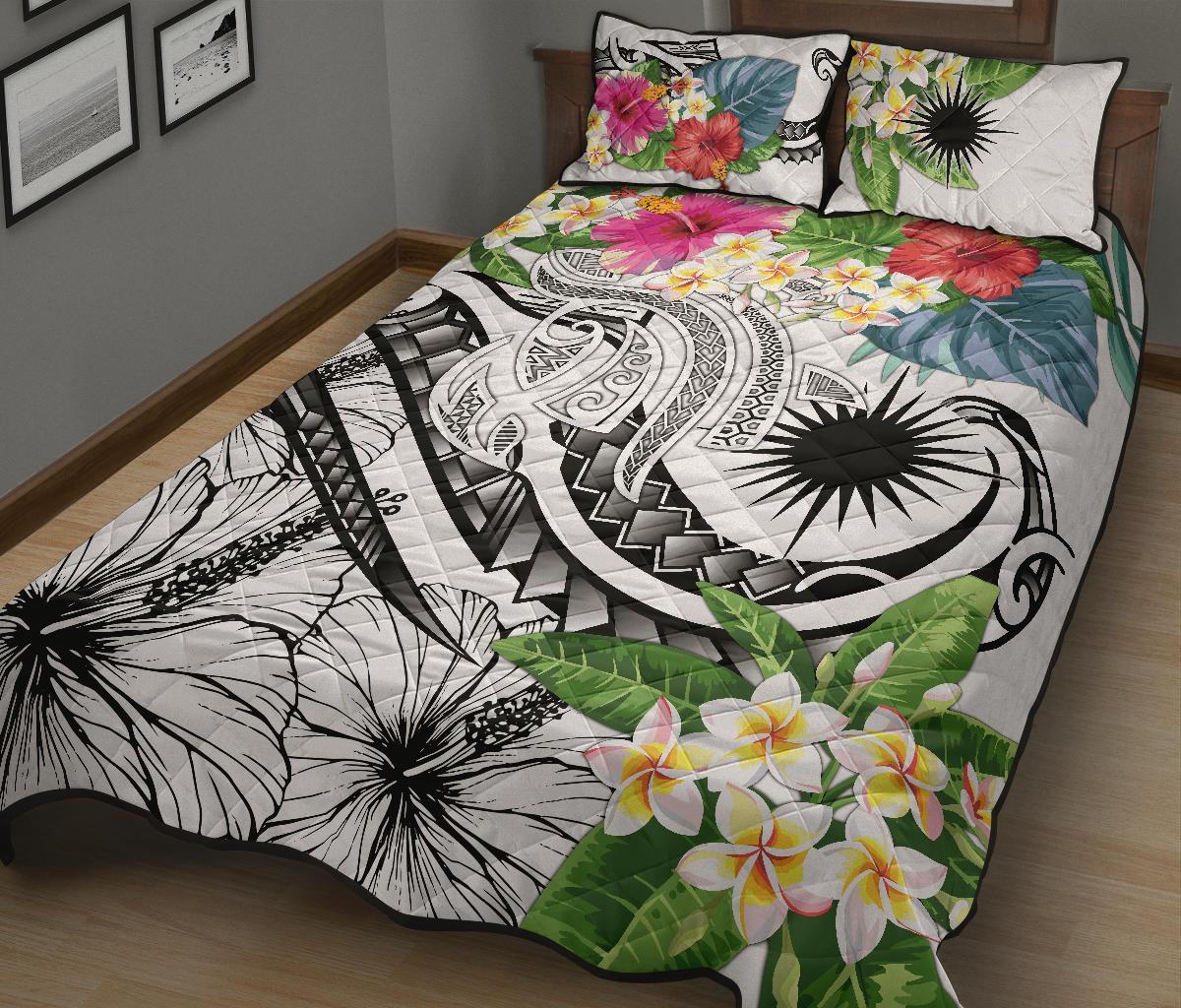 Marshall Islands Polynesian Quilt Bed Set - Summer Plumeria (White) - Polynesian Pride