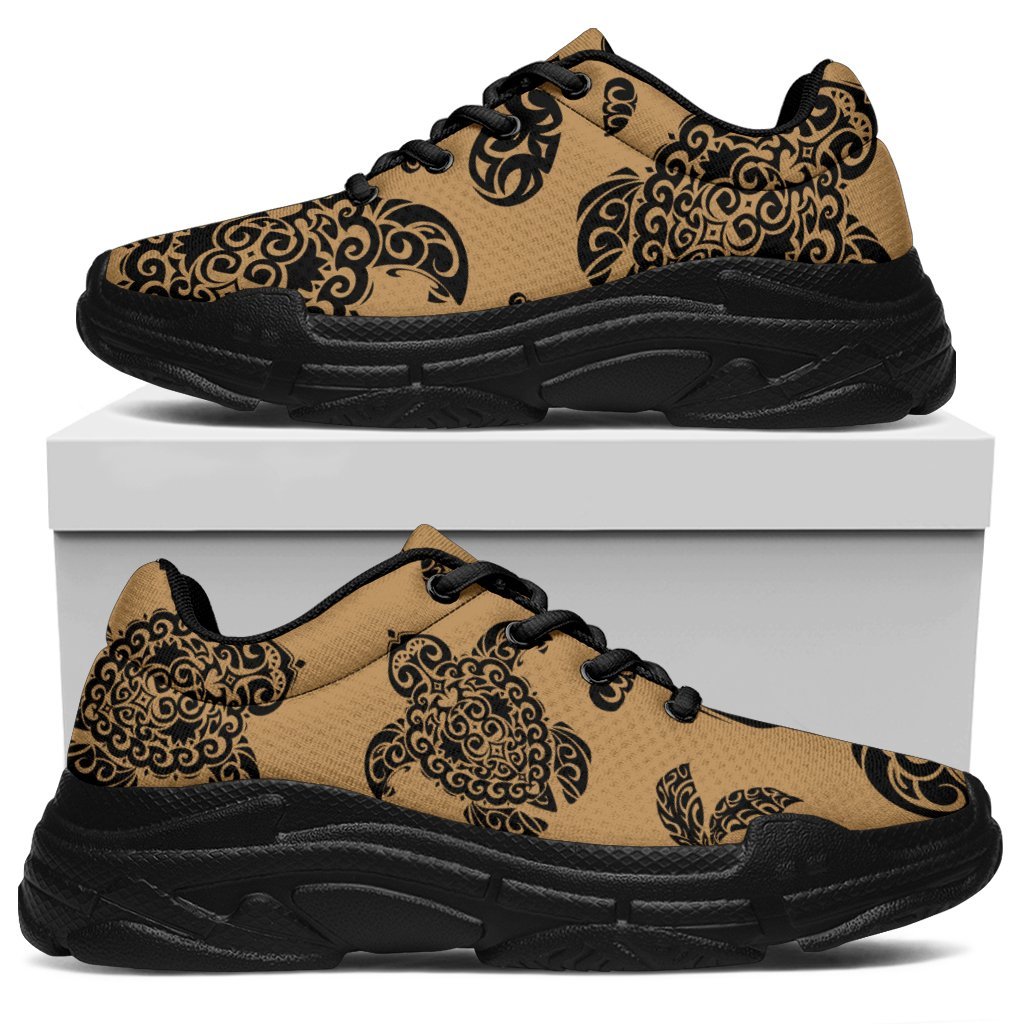 Polynesian Turtle Palm And Sea Pebbles Gold Chunky Sneakers - Polynesian Pride