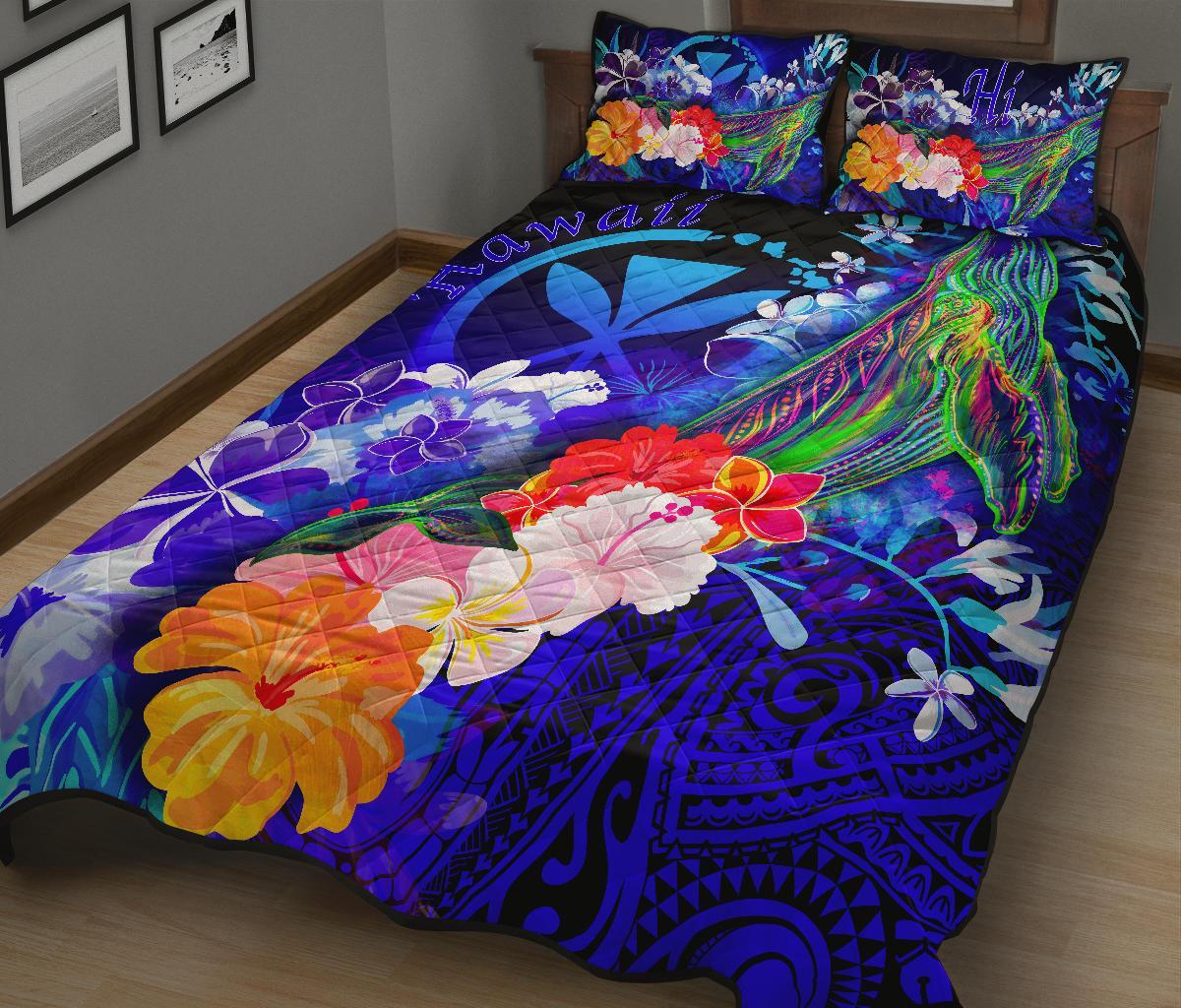 Polynesian Hawaii Quilt Bed Set - Kanaka Maoli Humpback Whale with Tropical Flowers (Blue) - Polynesian Pride