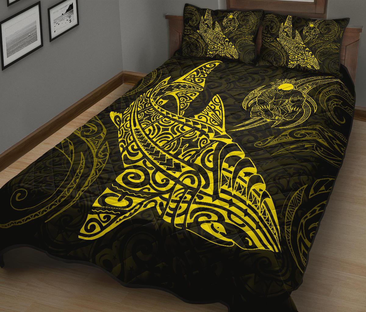 Polynesian Quilt Bed Set - Polynesian Yellow Shark Warrior Tattoo - Polynesian Pride