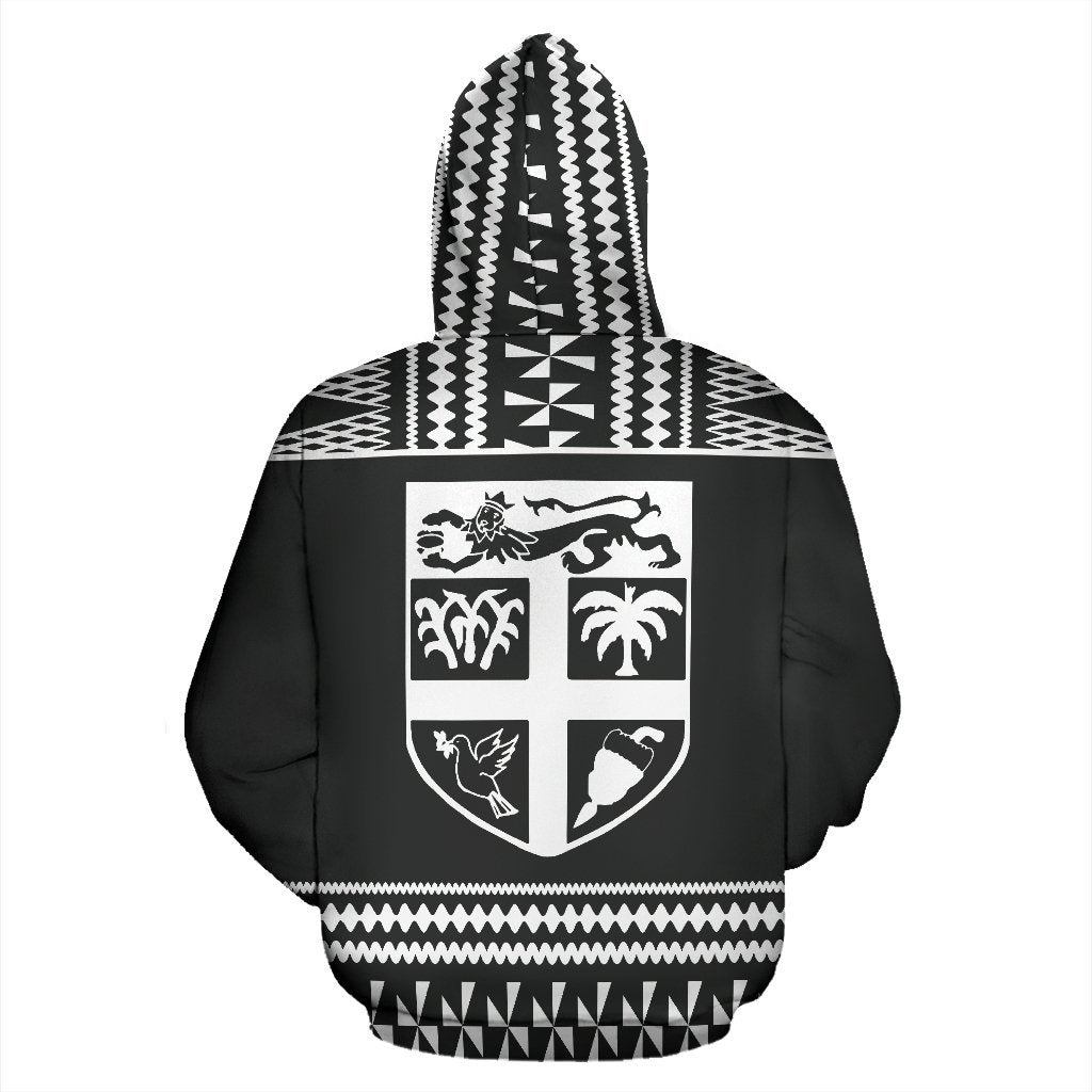 Fiji Tapa All Over Zip up Hoodie Black and White Version - Polynesian Pride