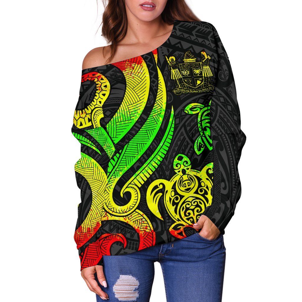 Fiji Polynesian Women Of Shoulder Sweater - Reggae Tentacle Turtle Crest - Polynesian Pride