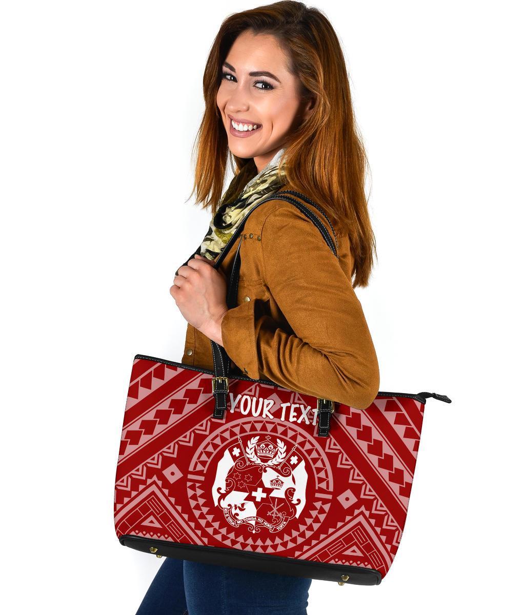 Tonga Personalised Leather Tote Bag - Tonga Seal With Polynesian Tattoo Style (Red) - Polynesian Pride