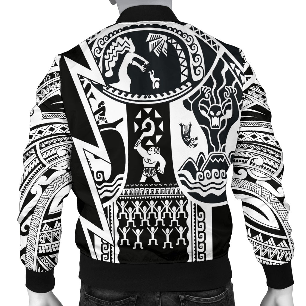 Polynesian Guinea Men's Bomber Jacket - Moana Maui Tattoo With Coat Of Arm Guinea White - Polynesian Pride