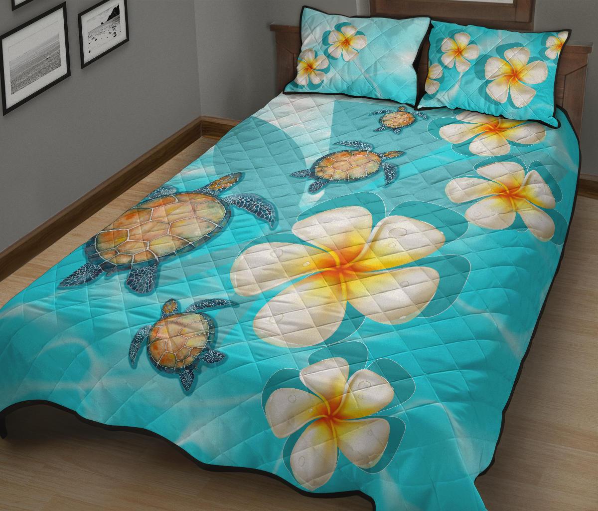 Hawaii Turtle Kanaka Plumeria Ocean Quilt Bed Set - Polynesian Pride