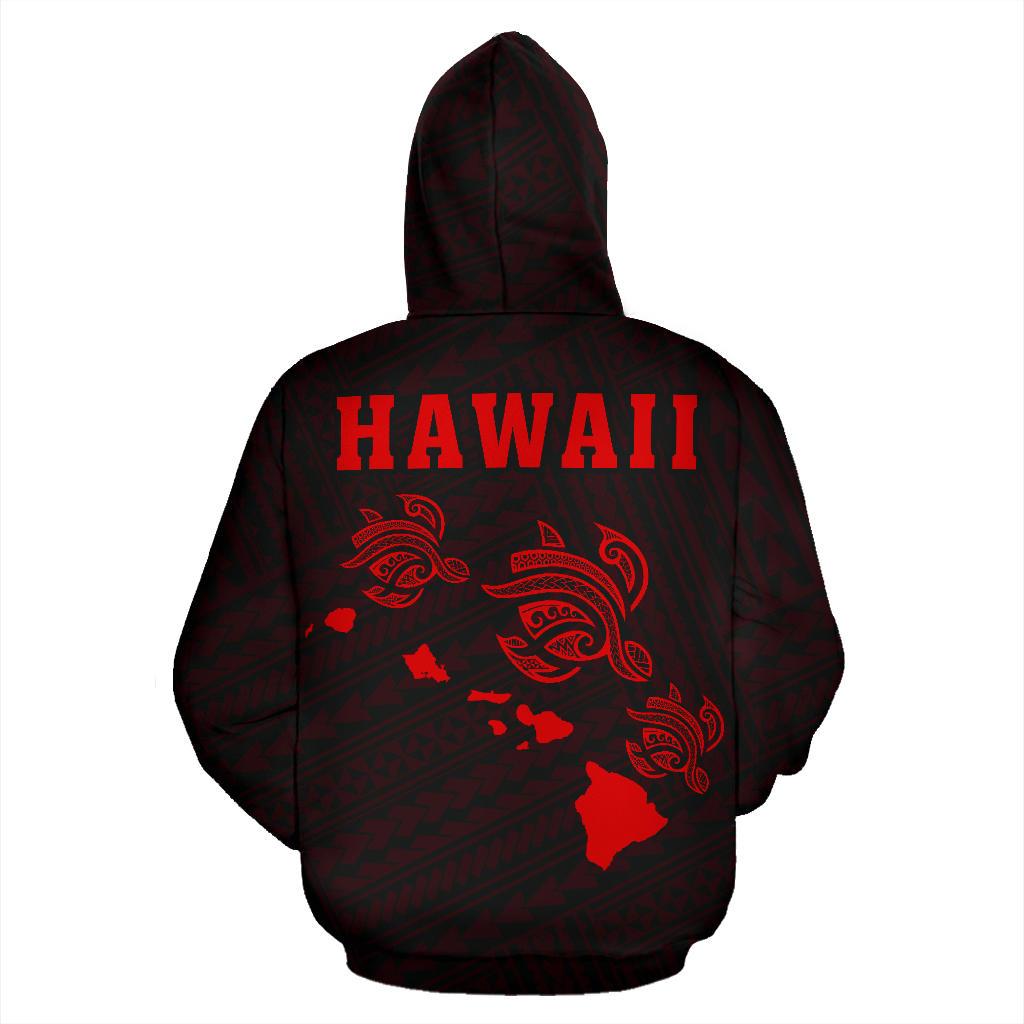 Polynesian Kakau Three Turtle Map of Hawaii Hoodie Red - Polynesian Pride