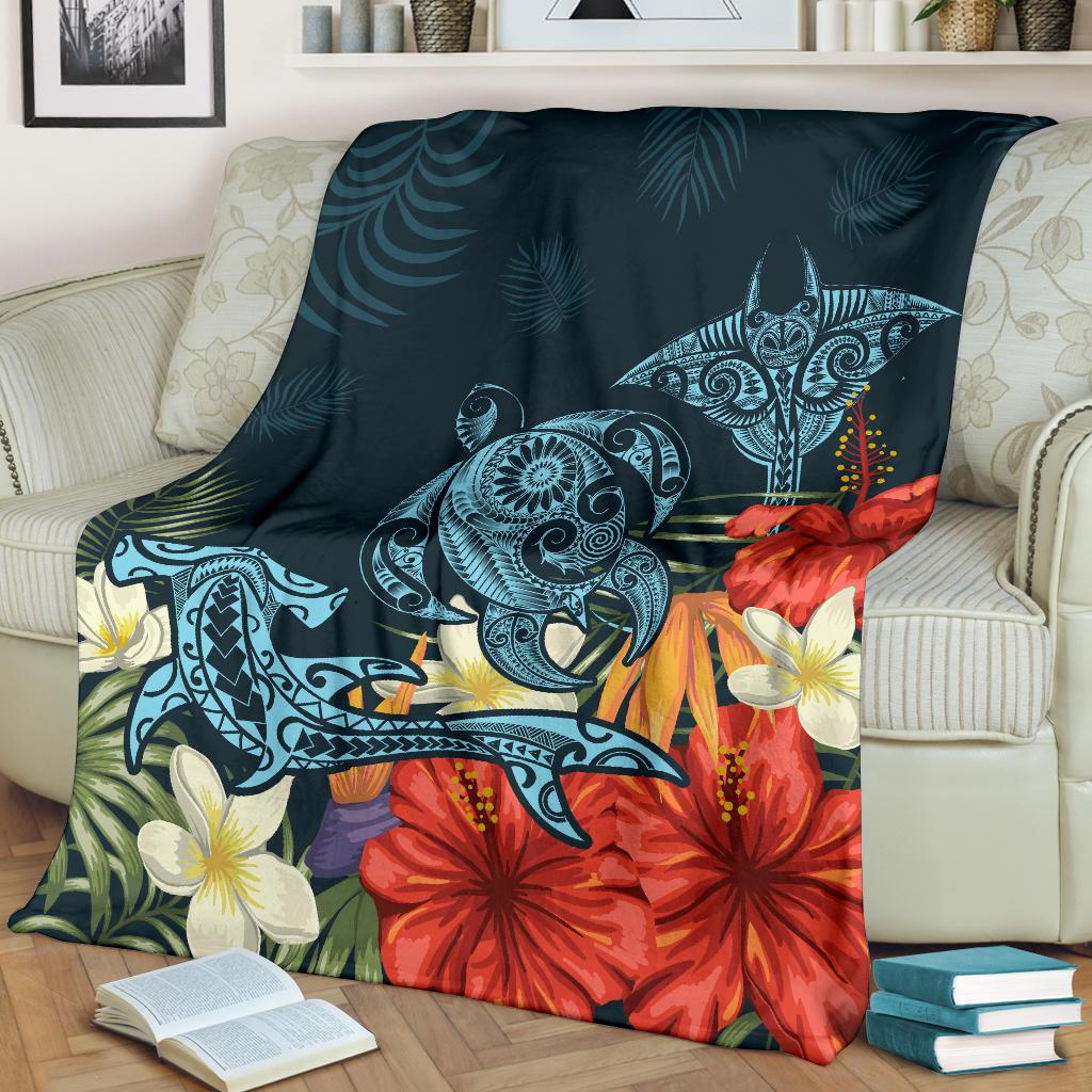 Hawaii Turtle Shark Manta Ray Hibiscus Plumeria Premium Blanket - Polynesian Pride