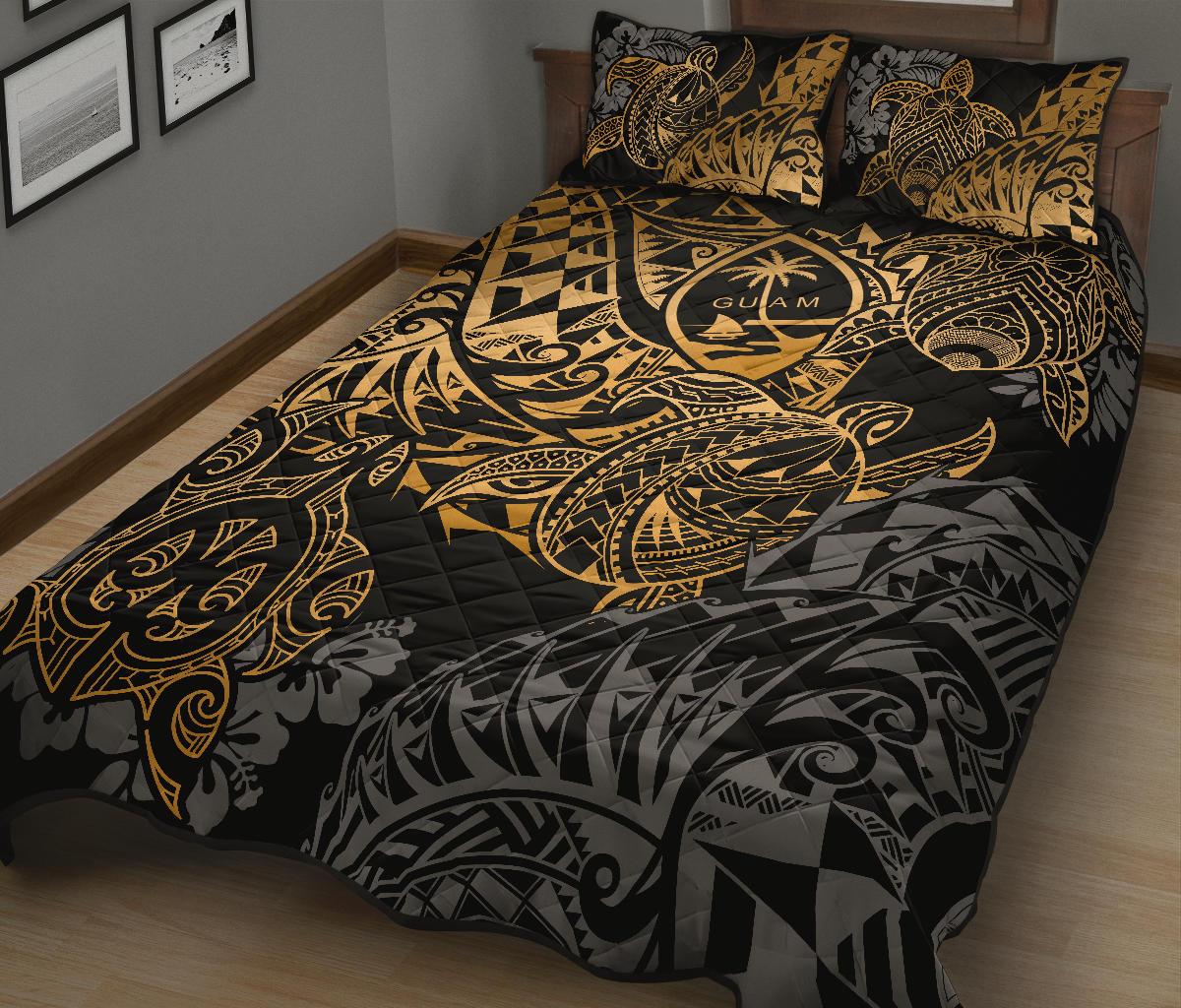Guam Polynesian Quilt Bed Set - Gold Turtle Flowing - Polynesian Pride