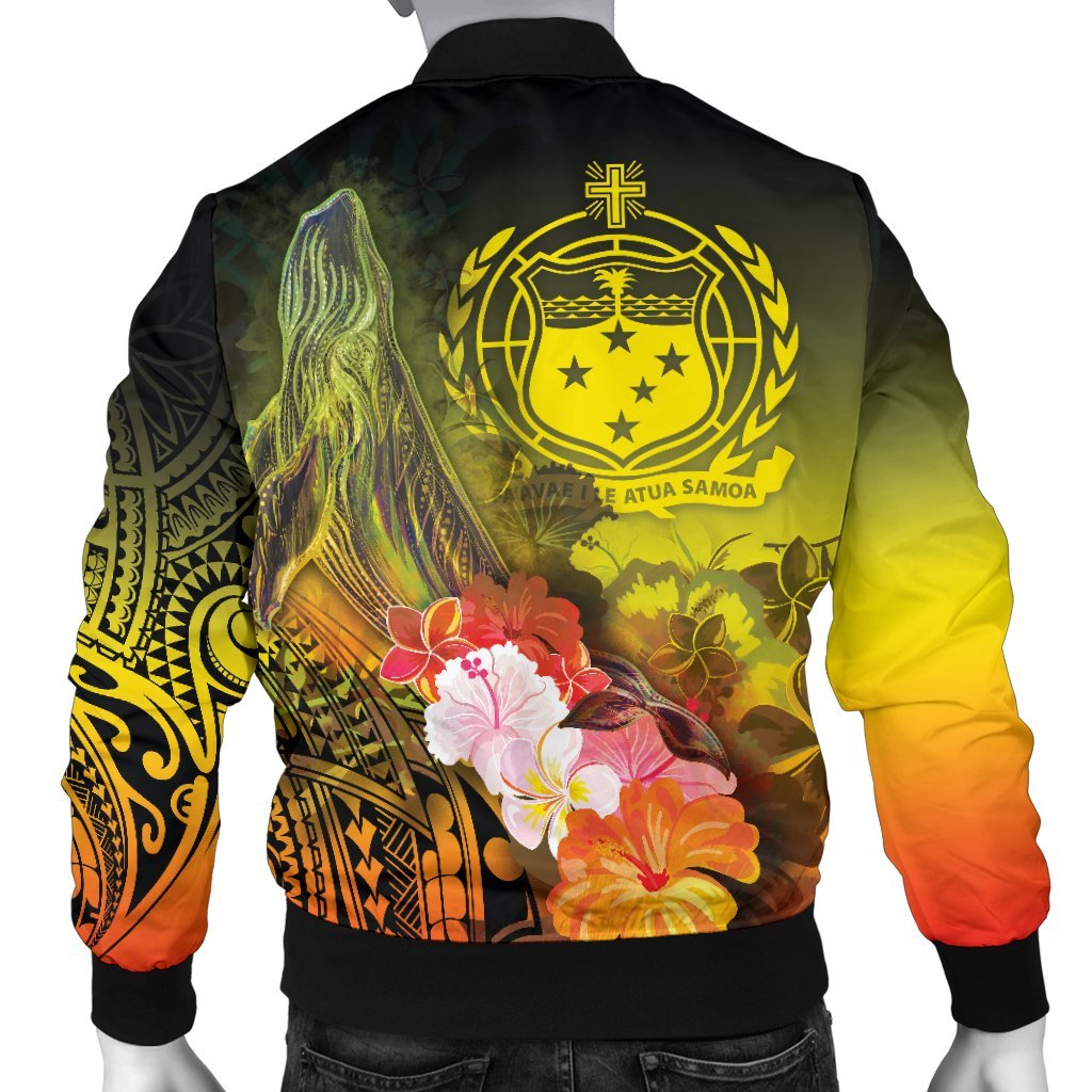 Custom Personalised Samoa Men's Bomber Jacket- Humpback Whale with Tropical Flowers (Yellow) - Polynesian Pride