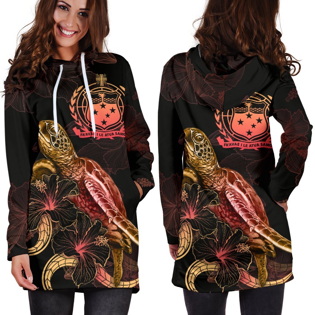 Samoa Polynesian Hoodie Dress - Turtle With Blooming Hibiscus Gold - Polynesian Pride