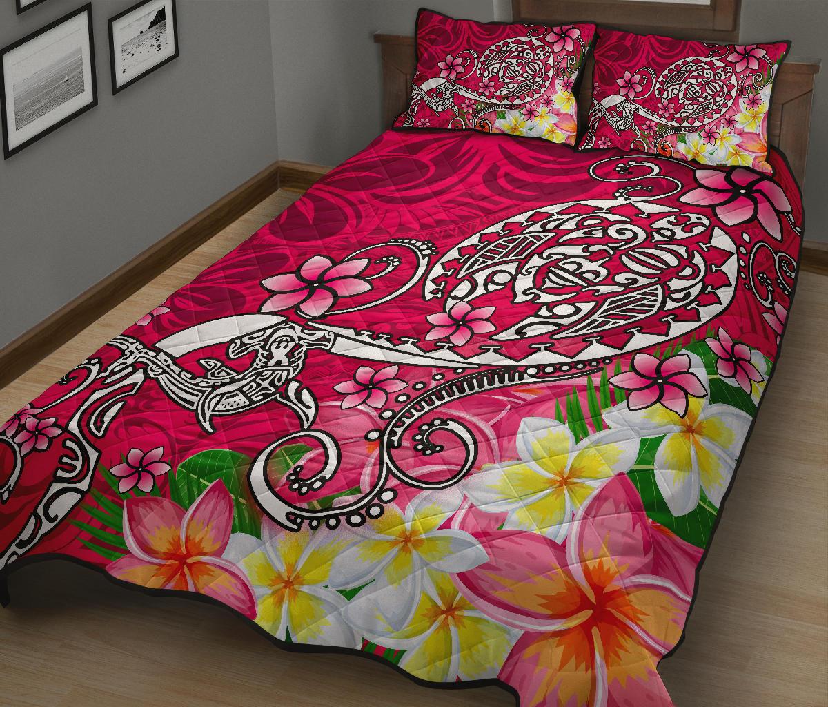 Polynesian Quilt Bed Set - Turtle Plumeria Pink Color - Polynesian Pride