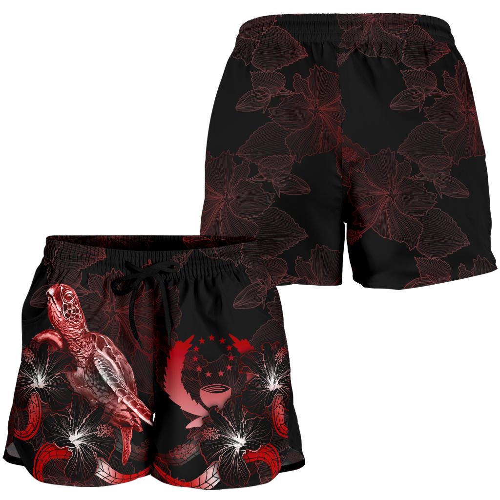 Pohnpei Polynesian Women's Shorts - Turtle With Blooming Hibiscus Red - Polynesian Pride