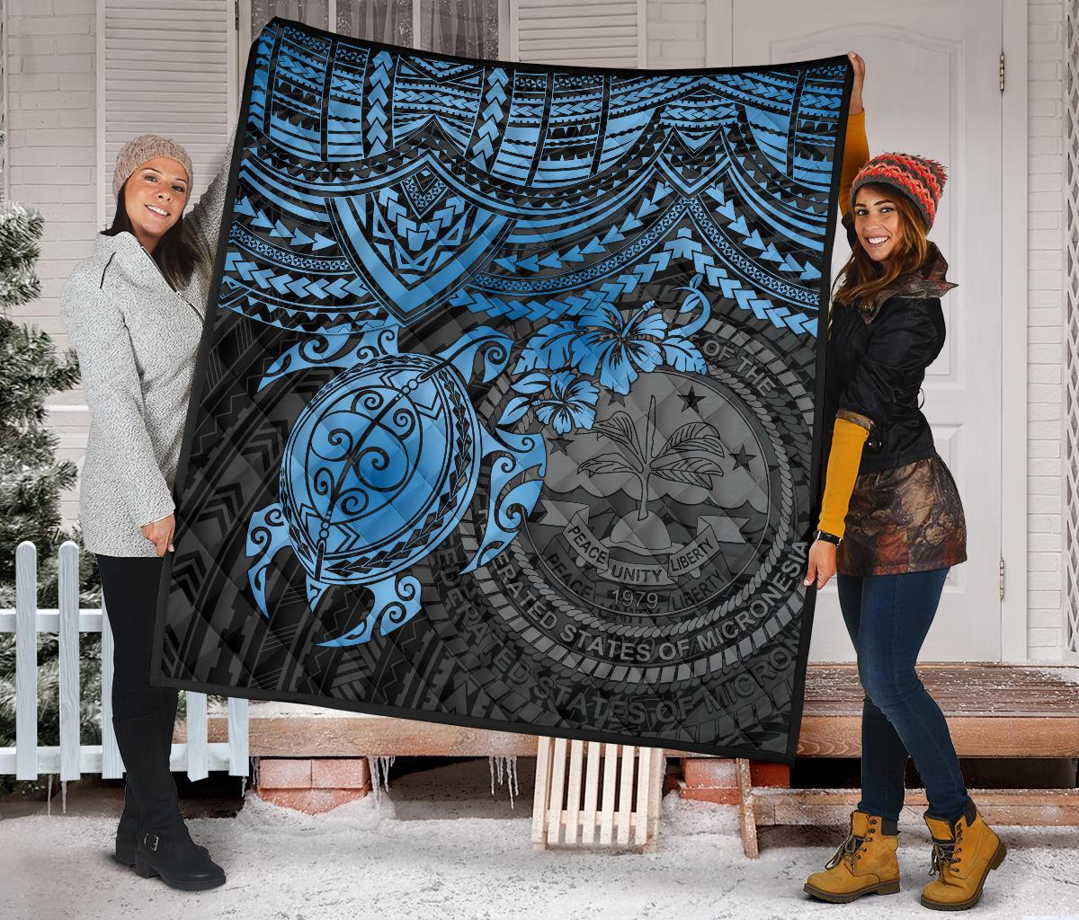 Federated States Of Micronesia Premium Quilt - Federated States Of Micronesia Seal & Blue Turtle Hibiscus - Polynesian Pride