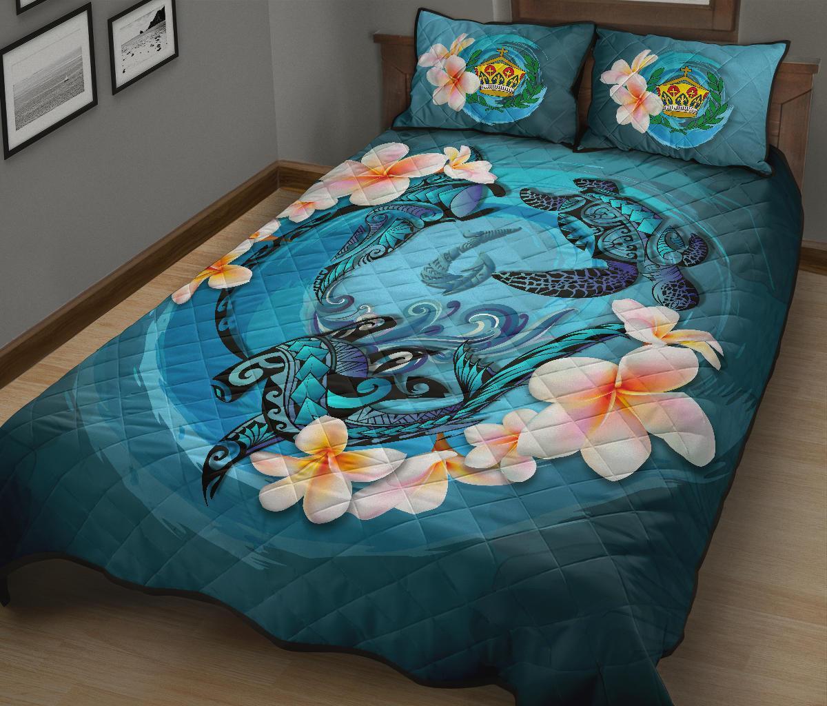 Tonga Polynesian Quilt Bed Set - Blue Plumeria Animal Tattoo - Polynesian Pride