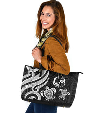 Tonga Polynesian Large Leather Tote Bag - White Tentacle Turtle - Polynesian Pride