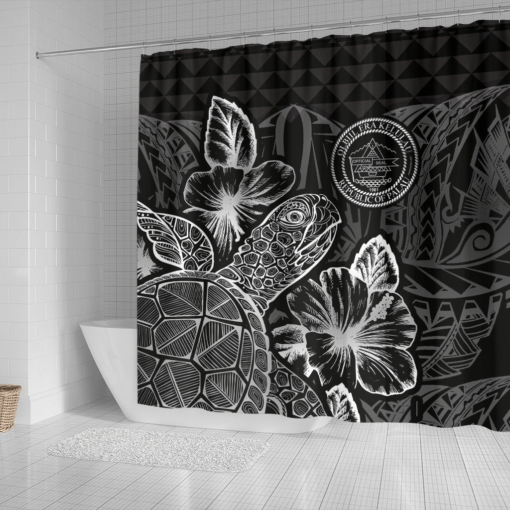 Palau Shower Curtain Turtle Hibiscus Black - Polynesian Pride