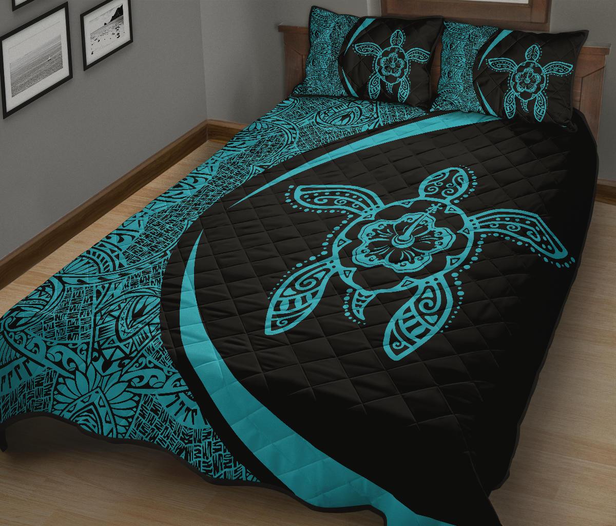 Hawaiian Polynesian Turtle Quilt Bed Set - Circle Style Blue - Polynesian Pride