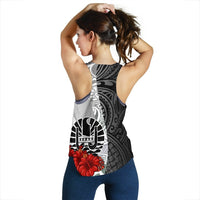 Tahiti Polynesian Custom Personalised Women's Racerback Tank - Coat Of Arms With Hibiscus White - Polynesian Pride