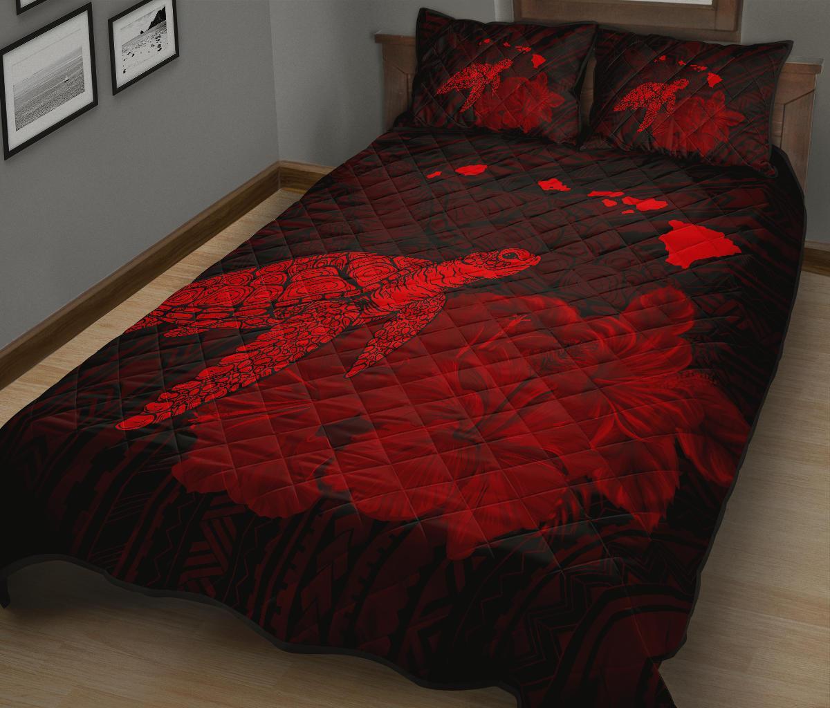 Hawaii Polynesian Hibiscus Turtle Map Quilt Bed Set - AH - Red - Polynesian Pride