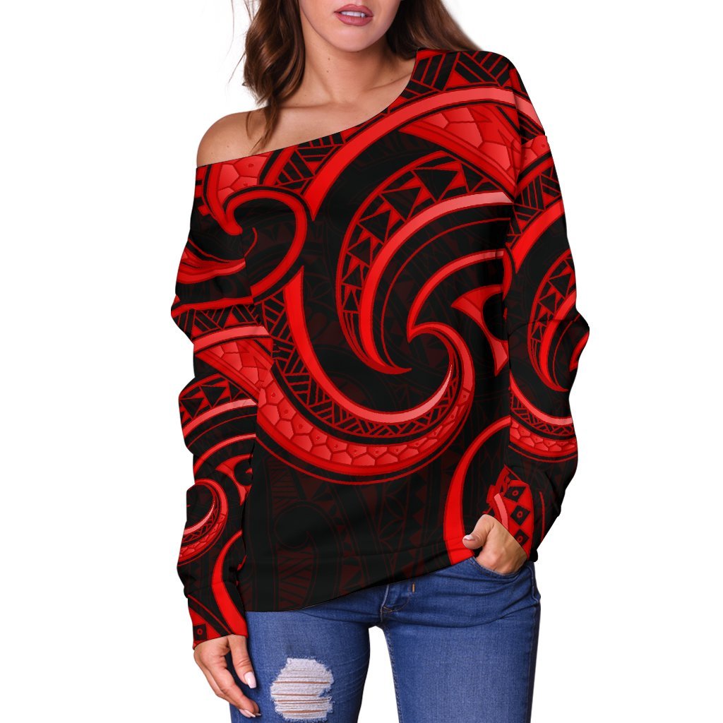New Zealand Maori Mangopare Women Off Shoulder Sweater Polynesian - Red - Polynesian Pride
