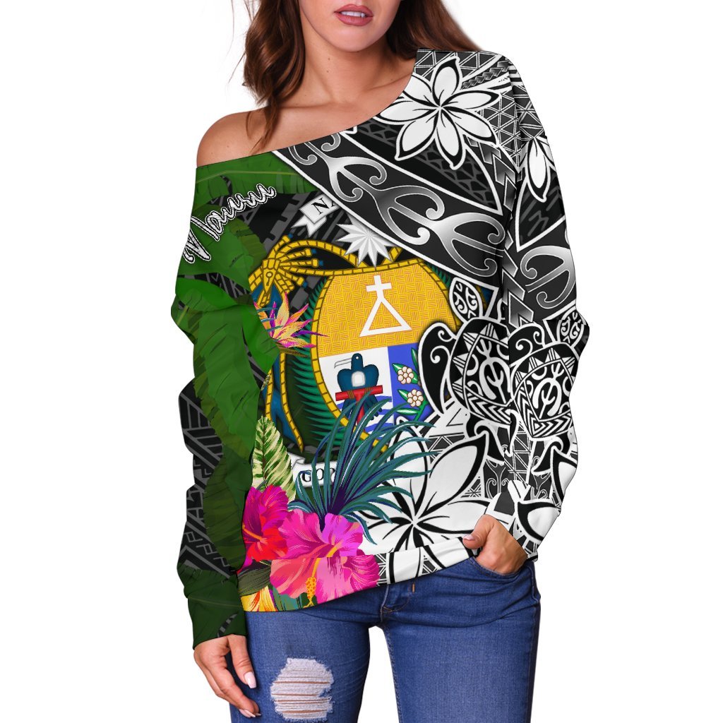 Nauru Off Shoulder Sweater - Turtle Plumeria Banana Leaf Crest - Polynesian Pride