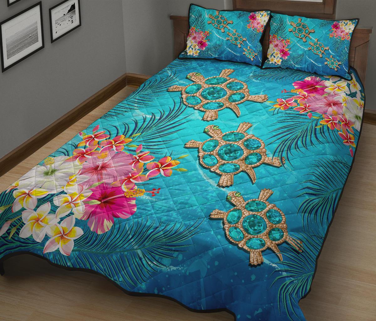 Hawaii Turtle Ocean Tropical Flowers Quilt Bed Set - Siri Style - AH - Polynesian Pride