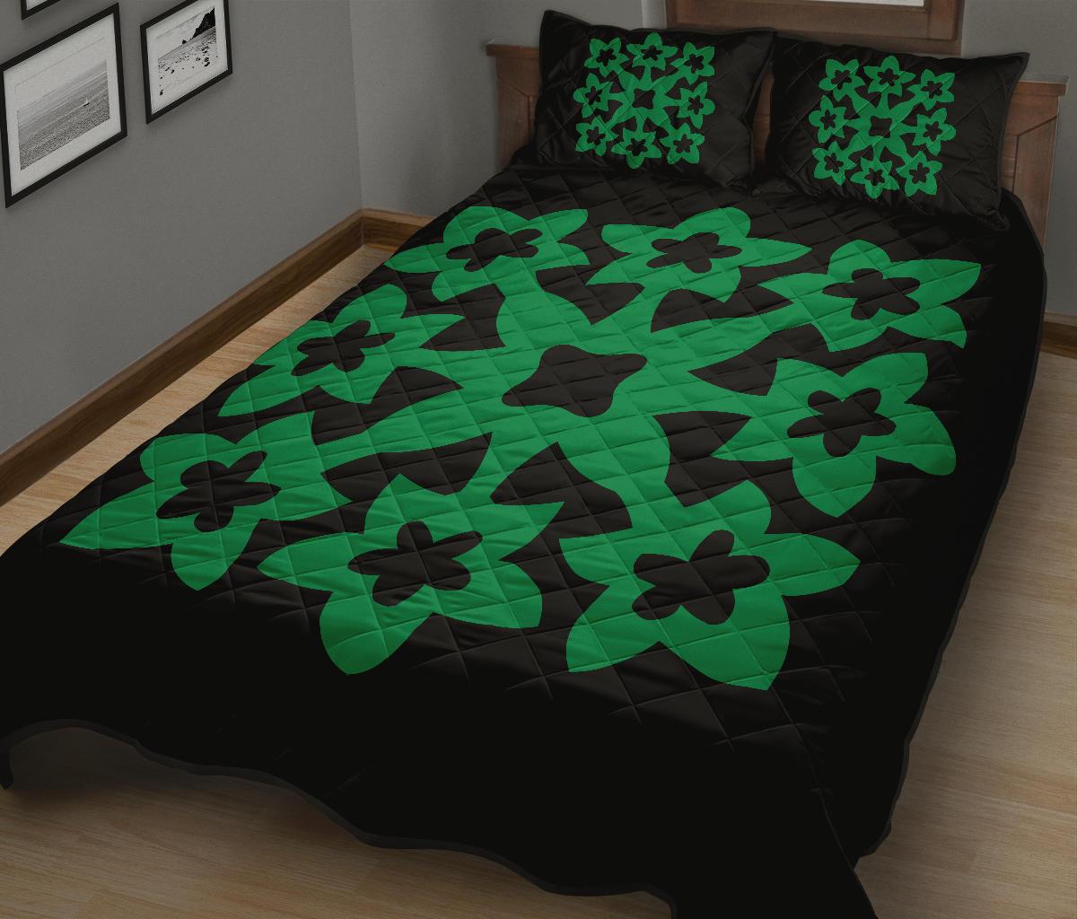 Hawaiian Quilt Bed Set Royal Pattern - Green And Black - A1 Style AH - Polynesian Pride