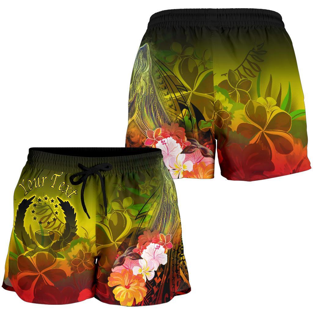 Pohnpei Custom Personalised Women's Shorts - Humpback Whale with Tropical Flowers (Yellow) - Polynesian Pride