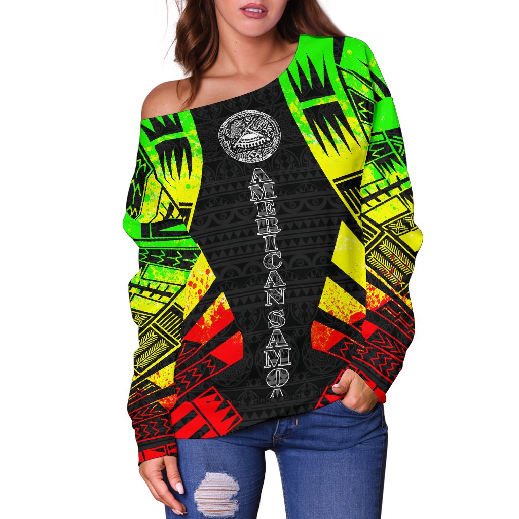 American Samoa Women's Off Shoulder Sweater - Polynesian Tattoo Reggae - Polynesian Pride