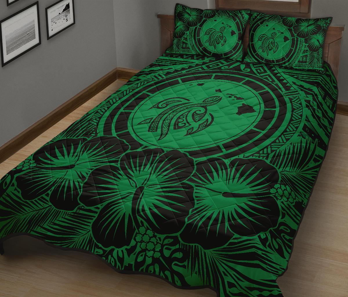 Hawaiian Map Honu Hibiscus Green Polynesian Quilt Bed Set - Polynesian Pride
