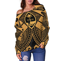Guam Polynesian Women's Off Shoulder Sweater - Guam Gold Seal with Polynesian Tattoo - Polynesian Pride