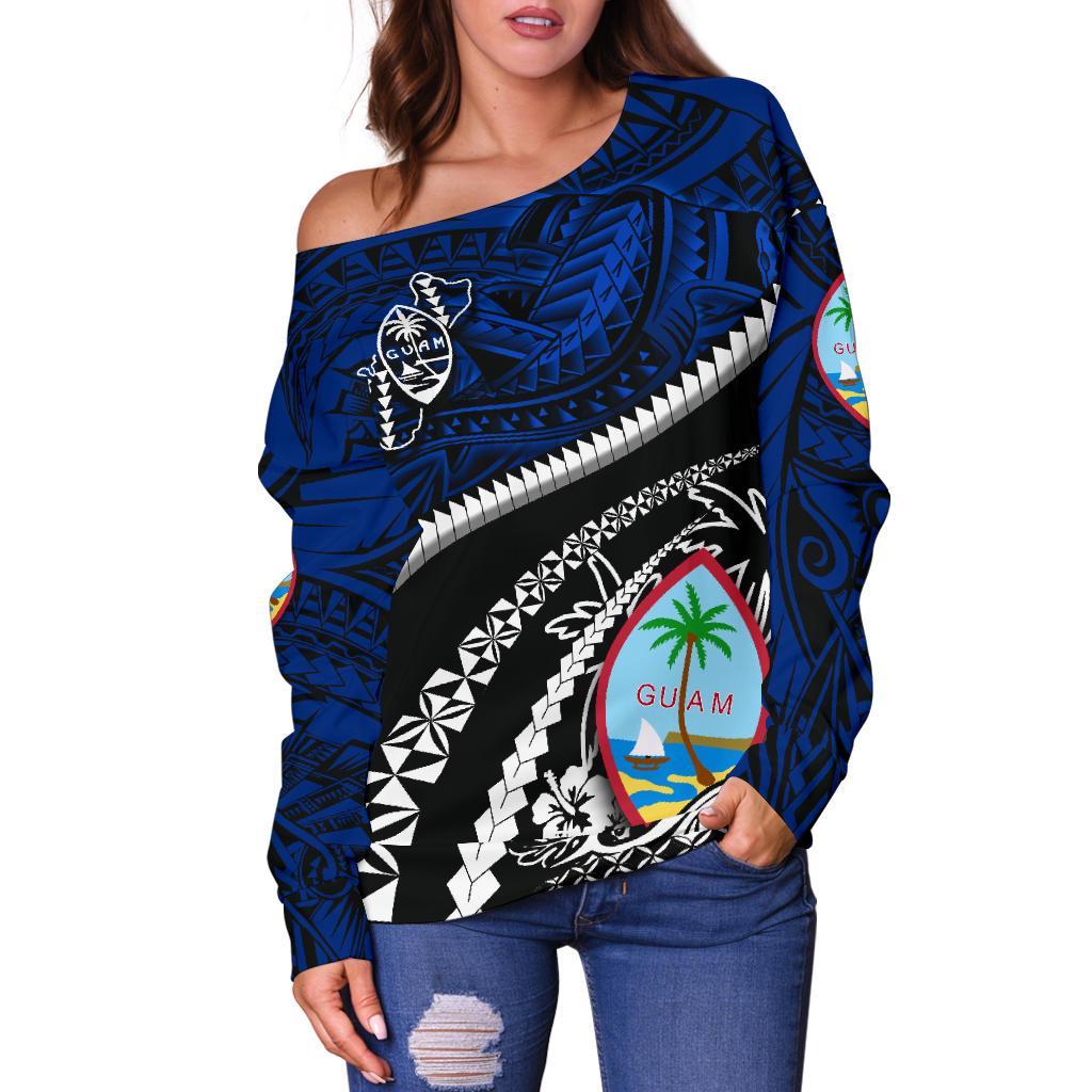 Guam Women's Off Shoulder Sweater Polynesian Shark Tattoo - Polynesian Pride