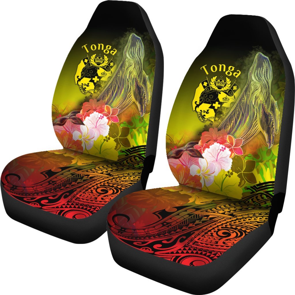 Tonga Car Seat Covers - Humpback Whale with Tropical Flowers (Yellow) - Polynesian Pride