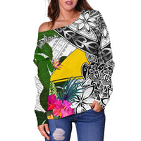 Tokelau Women's Off Shoulder Sweater White - Turtle Plumeria Banana Leaf - Polynesian Pride