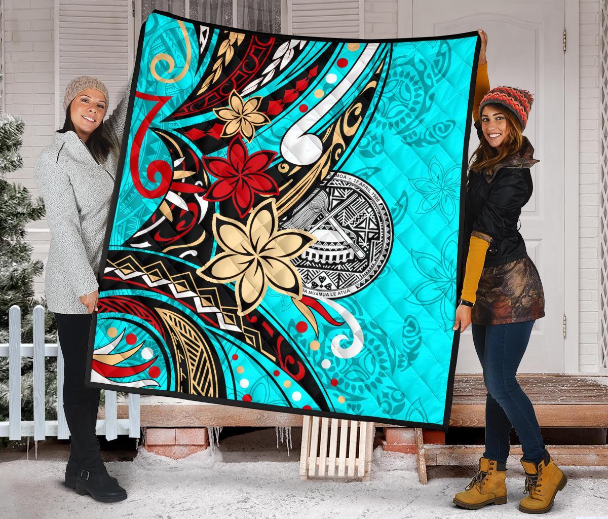 American Samoa Polynesian Premium Quilt - Tribal Flower With Special Turtles Blue Color - Polynesian Pride