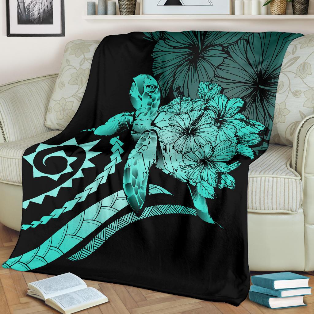 Hawaii Turtle Hibiscus Polynesian Vintage Premium Blanket - Turquoise - Polynesian Pride