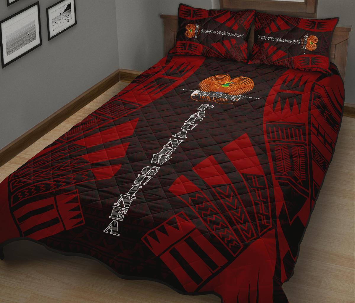 Papua New Guinea Quilt Bed Set - Papua New Guinea Coat Of Arms & Polynesian Red Tattoo Style - Polynesian Pride