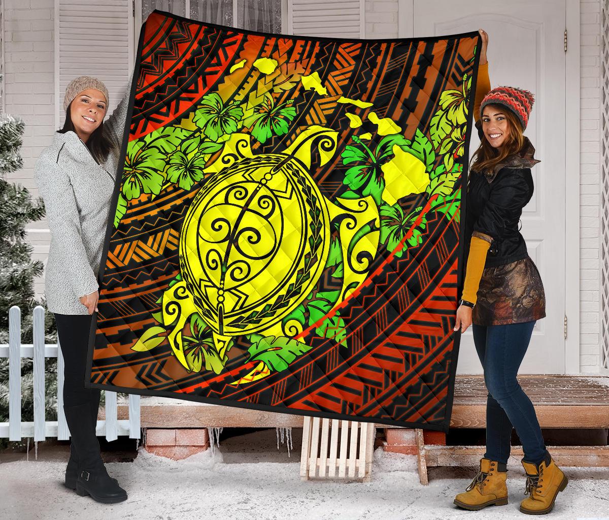 Hawaii Polynesian Premium Quilt - Hawaii Yellow Turtles Map & Green Hibiscus - Polynesian Pride