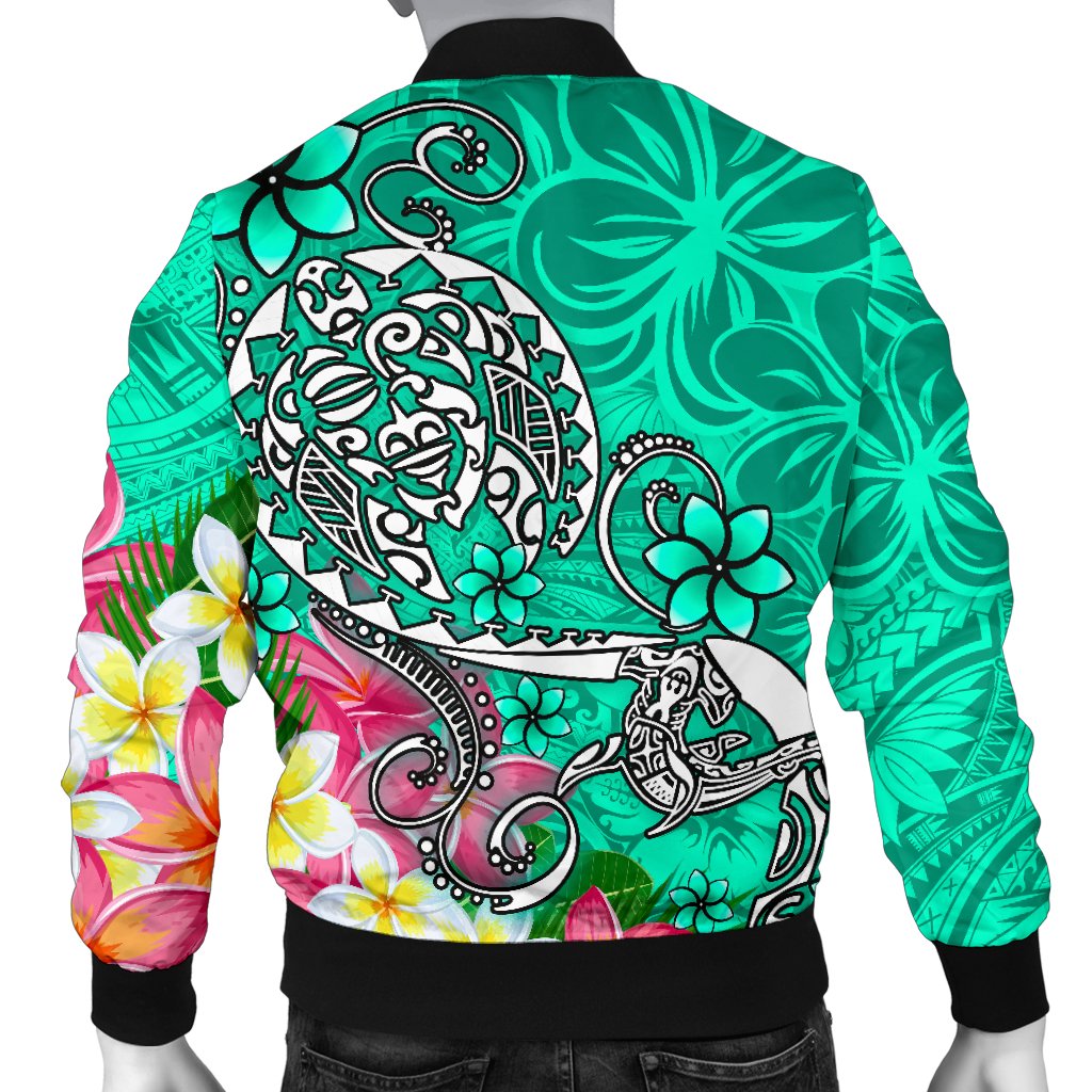 Polynesian Men's Bomber Jacket - Turtle Plumeria Turquoise Color - Polynesian Pride