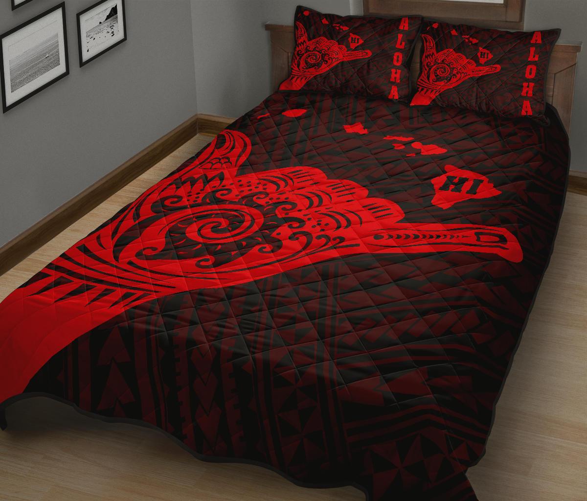 Hawaii Shaka Map Polynesian Quilt Bed Set - Red - Polynesian Pride