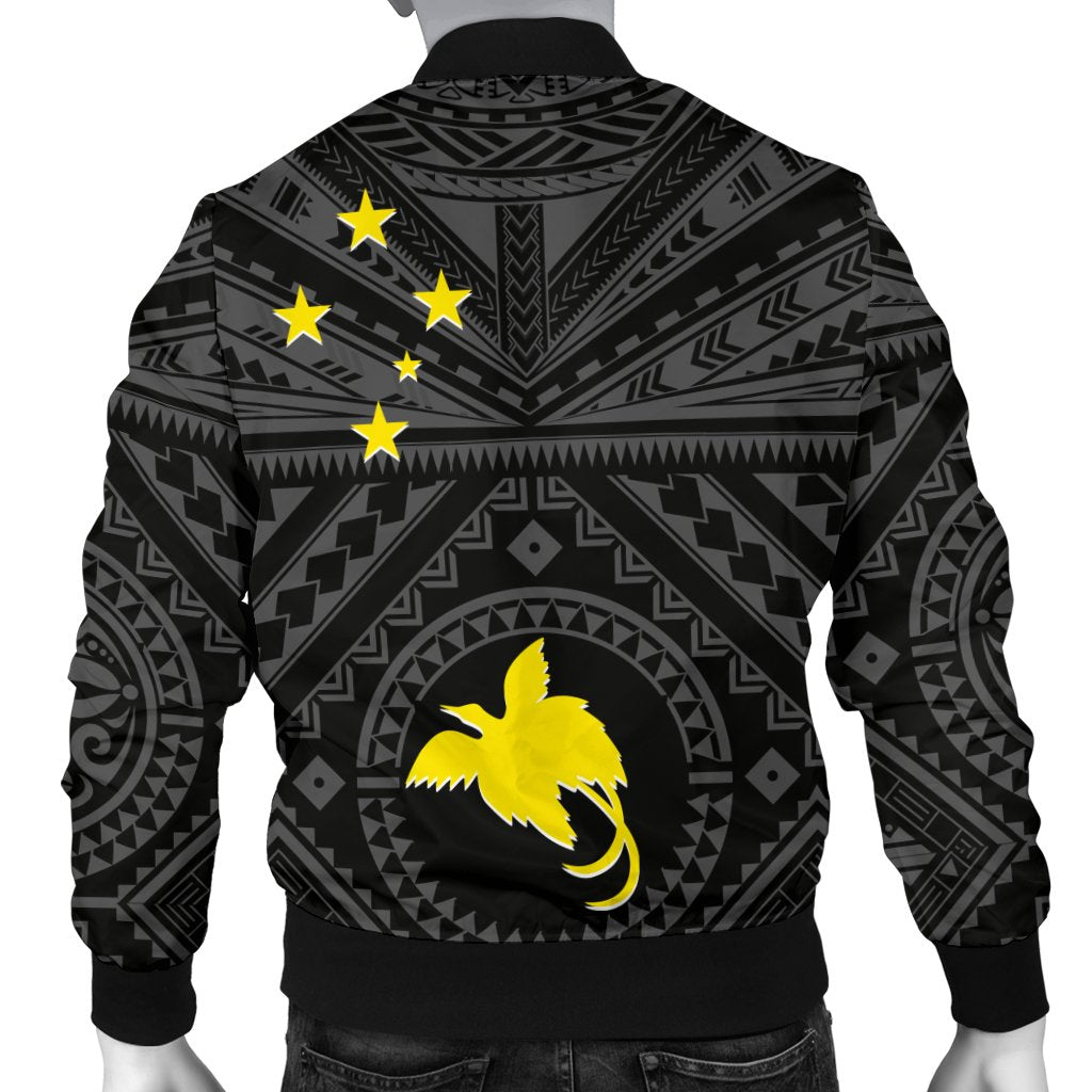 Papua New Guinea Men's Bomber Jacket - Flag With Polynesian Patterns (Black) - Polynesian Pride