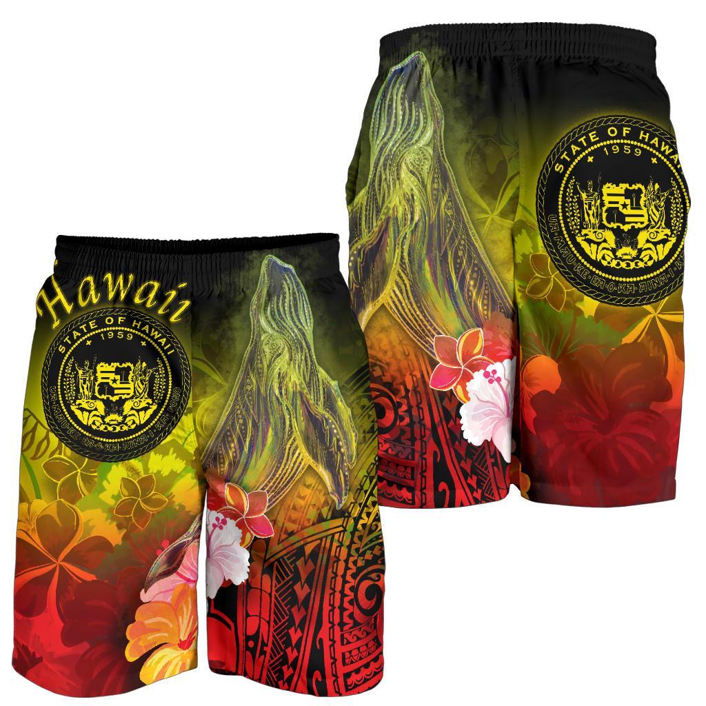 Polynesian Hawaii Men's Shorts - Humpback Whale with Tropical Flowers (Yellow) - Polynesian Pride