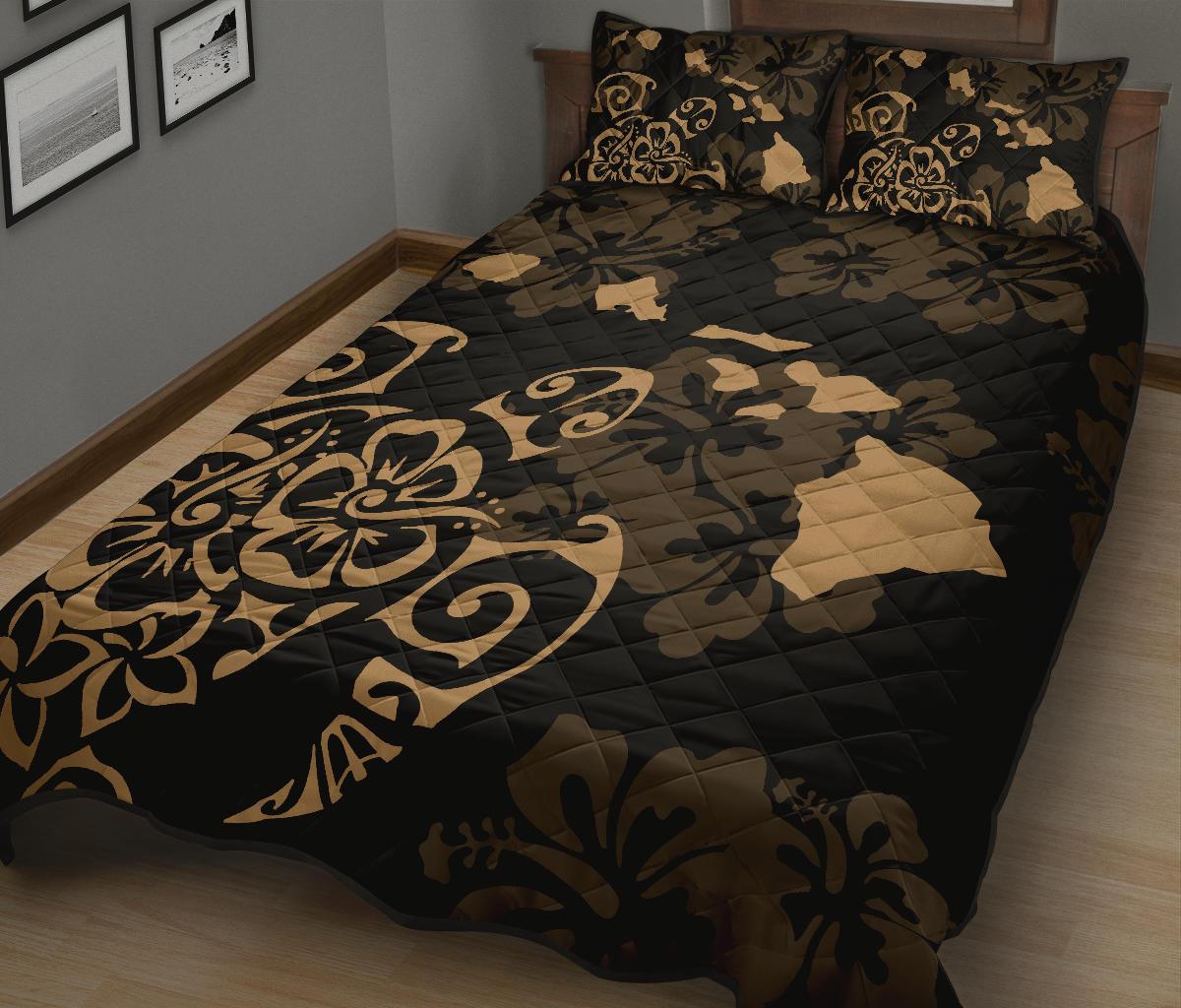 Turtle Hibiscus Map Gold Quilt Bed Set - Polynesian Pride