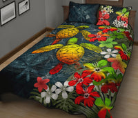 Kanaka Maoli (Hawaiian) Quilt Bed Set - Sea Turtle Tropical Hibiscus And Plumeria Reggae - Polynesian Pride