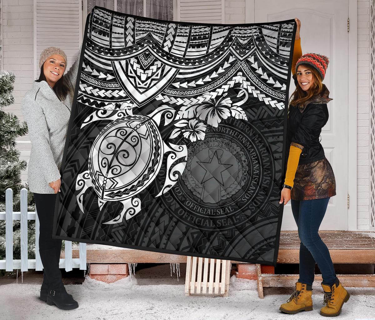 Northern Mariana Islands Polynesian Premium Quilt - Northern Mariana Islands Seal & White Turtle Hibiscus - Polynesian Pride