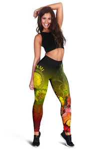 CNMI Women's Leggings - Humpback Whale with Tropical Flowers (Yellow) Yellow - Polynesian Pride