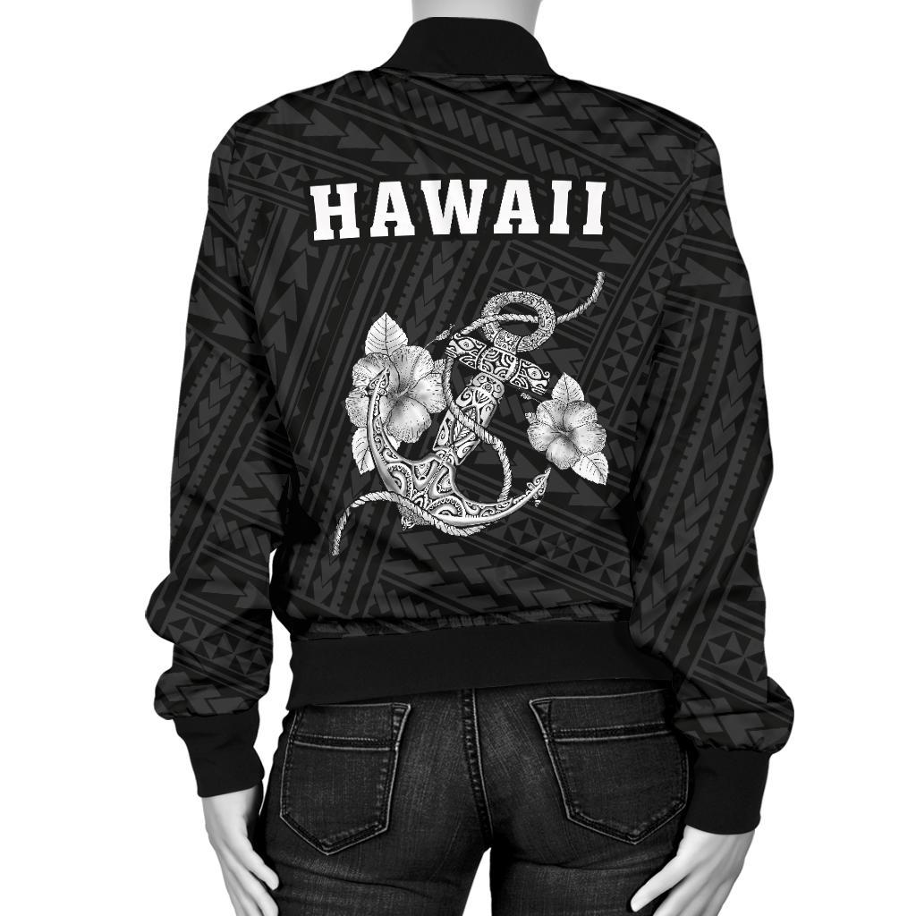 Hawaii Kakau Polynesian Anchor Women's Bomber Jacket - White - Polynesian Pride