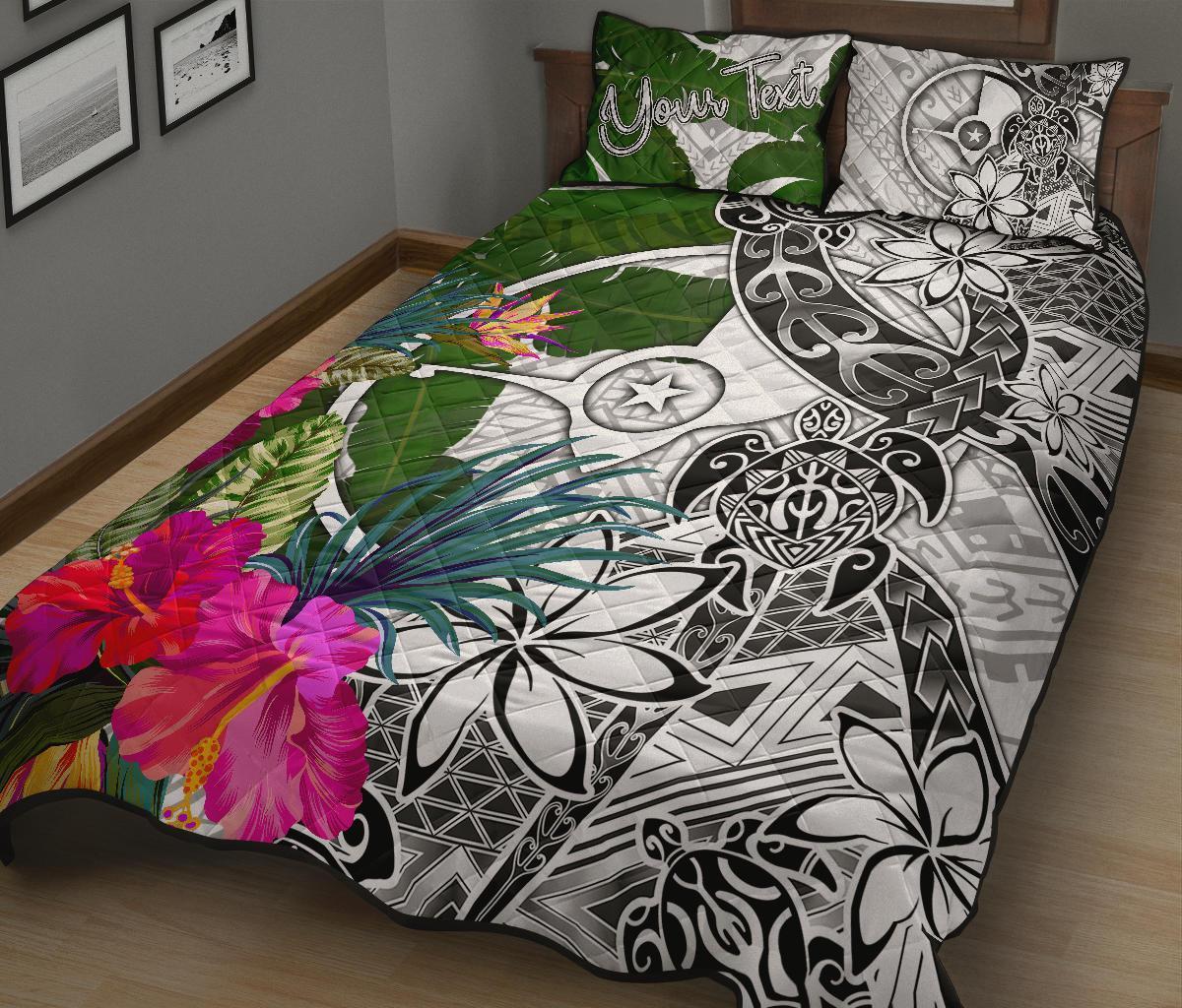 Yap Custom Personalised Quilt Bet Set White - Turtle Plumeria Banana Leaf - Polynesian Pride
