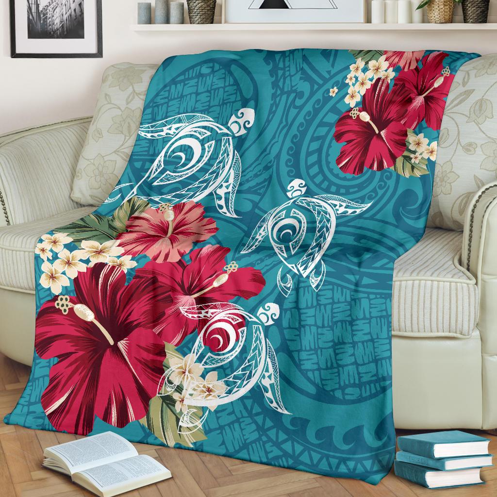 Hawaii Turtle Hibiscus Plumeria Blue Polynesian - Premium Blanket AH - Polynesian Pride