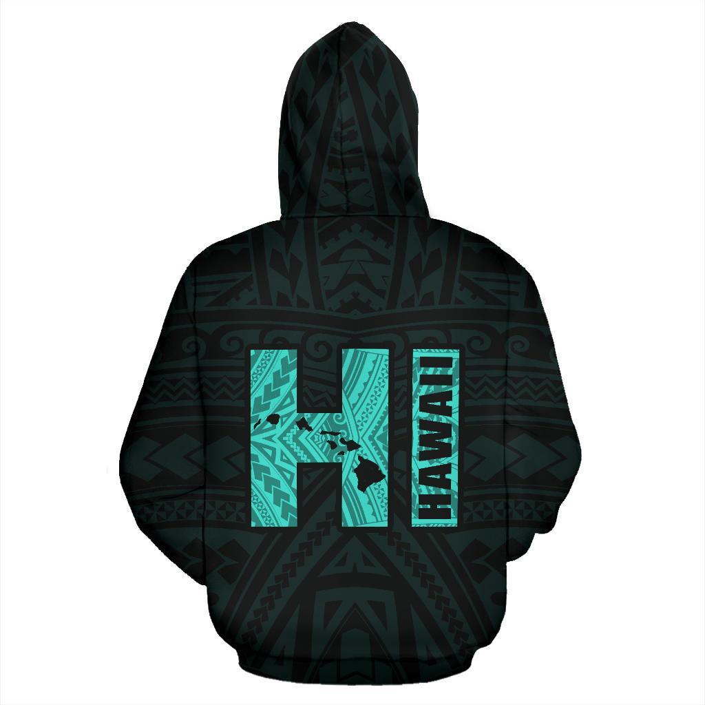 Polynesian Kakau Kanaka Map of Hawaii Zip Hoodie Turquoise - Polynesian Pride